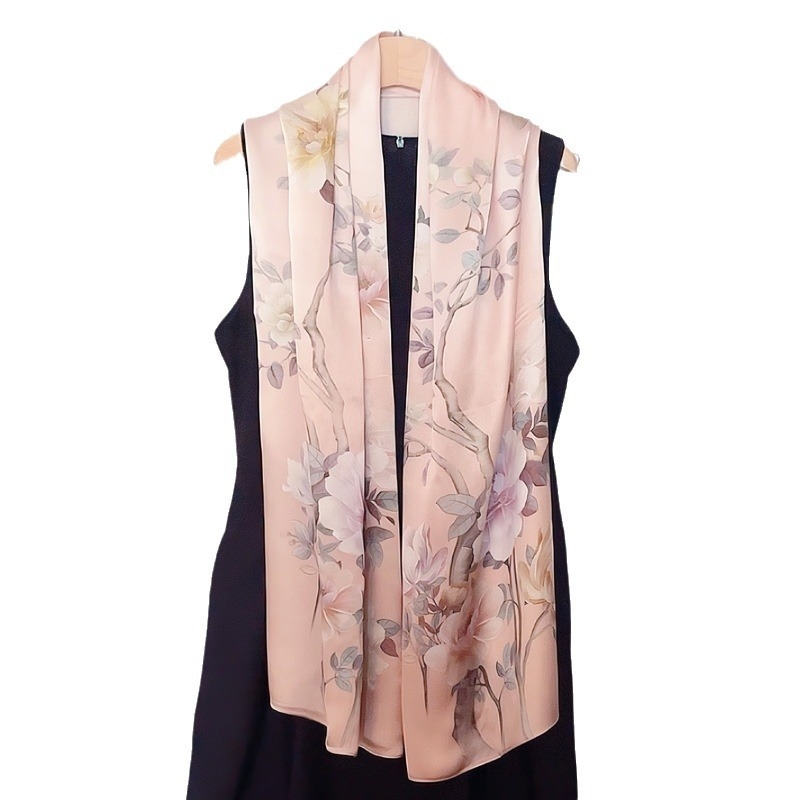 Μακρύ μεταξωτό φουλάρι με σατινέ ύφανση, 100% μετάξι, λογοτεχνικό ρετρό στυλ, μεσαίο μήκος