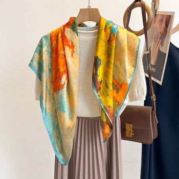 Τετράγωνος μαντήλι σε στιλ ελαιογραφίας, άνοιξη 2025, σατέν ύφανση, πολυεστέρας, εκτύπωση, κομψό καθημερινό αξεσουάρ μετακίνησης