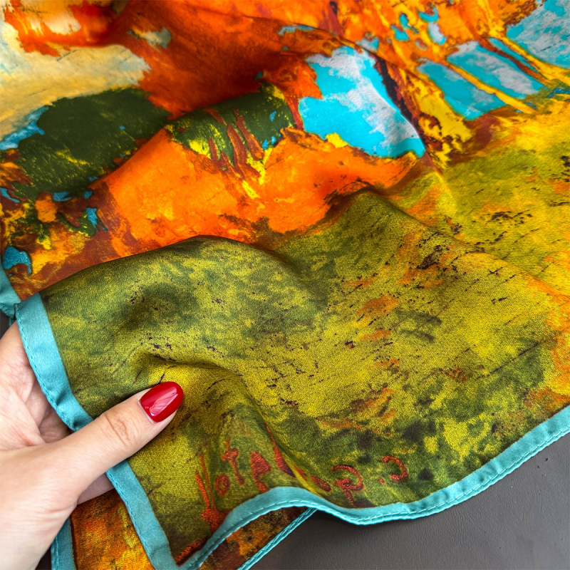 Τετράγωνος μαντήλι σε στιλ ελαιογραφίας, άνοιξη 2025, σατέν ύφανση, πολυεστέρας, εκτύπωση, κομψό καθημερινό αξεσουάρ μετακίνησης