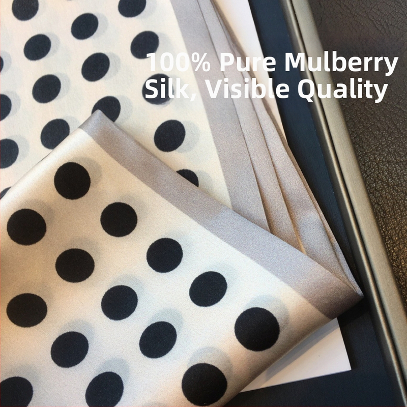 Šál z mulberry hodvábu, Hepburn štýl, bodkovaný vzor, saténový vzhľad