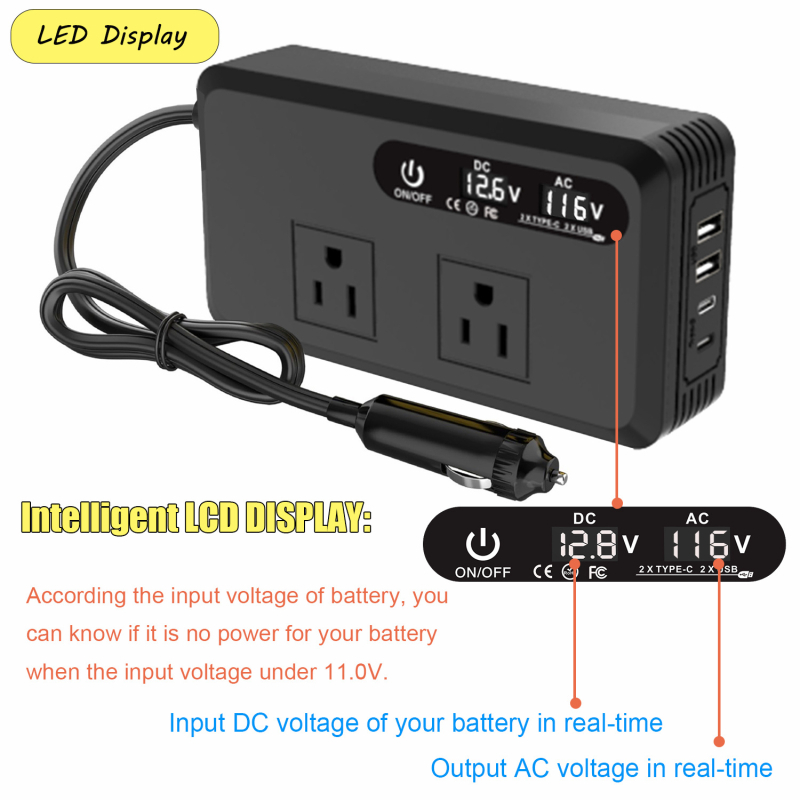 Μετατροπέας ισχύος αυτοκινήτου 200W, είσοδος 12V, έξοδος 220V/110V, τρεις θύρες USB 4,2A γρήγορης φόρτισης, CE/RoHS