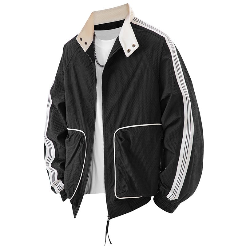 Ανδρικό μπουφάν χωρίς γιακά με φερμουάρ, color-block μοτίβο, άνετη γραμμή, πλαϊνές τσέπες