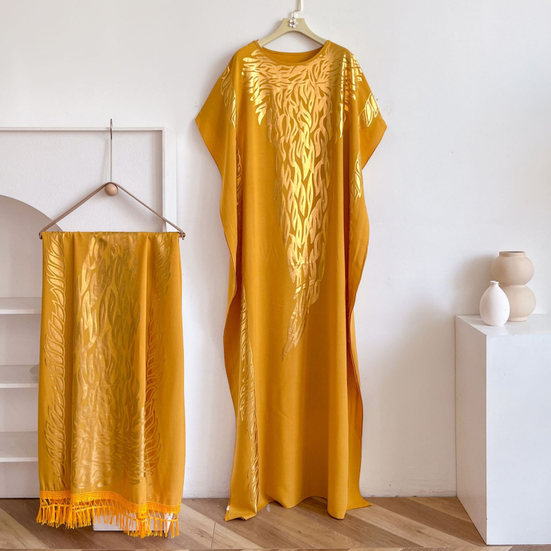 Μουσουλμανικό ρόμπα-φόρεμα με σετ φουλάρι, πολυεστέρας, ύφανση warp, μοτίβο λουλουδιών, αναπνεύσιμο, προστασία από τον ήλιο, μεσαίο μήκος