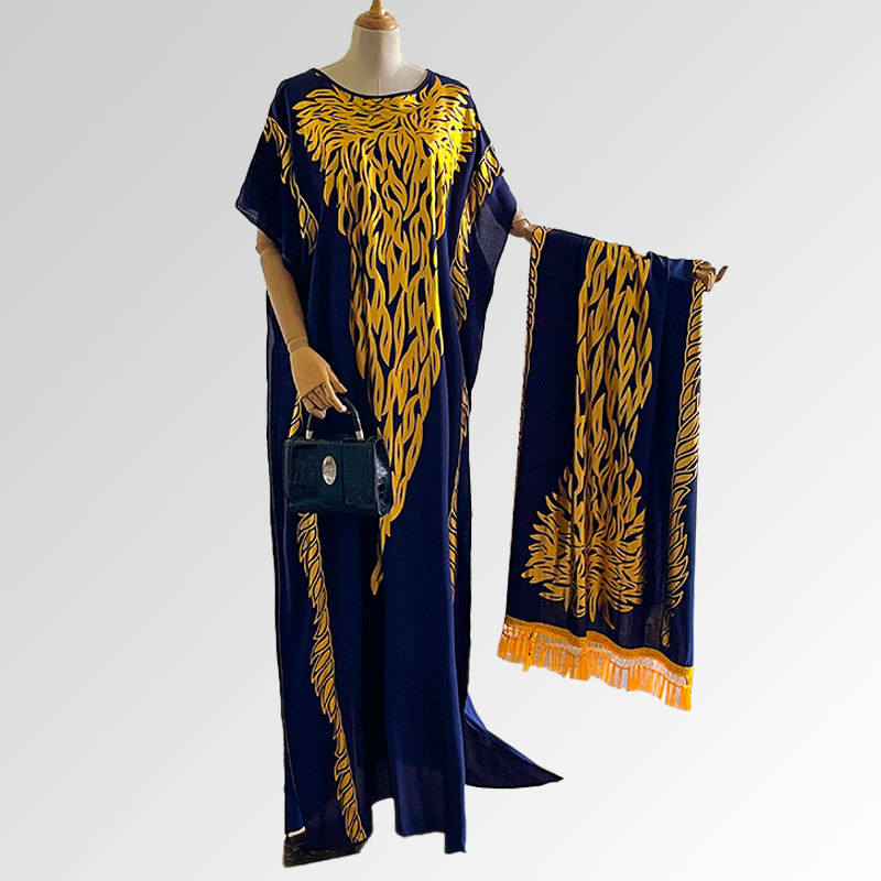 Μουσουλμανικό ρόμπα-φόρεμα με σετ φουλάρι, πολυεστέρας, ύφανση warp, μοτίβο λουλουδιών, αναπνεύσιμο, προστασία από τον ήλιο, μεσαίο μήκος