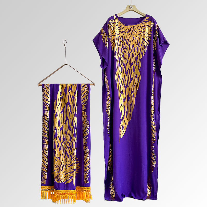 Μουσουλμανικό ρόμπα-φόρεμα με σετ φουλάρι, πολυεστέρας, ύφανση warp, μοτίβο λουλουδιών, αναπνεύσιμο, προστασία από τον ήλιο, μεσαίο μήκος