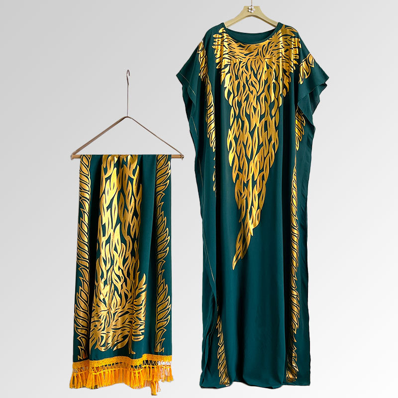 Μουσουλμανικό ρόμπα-φόρεμα με σετ φουλάρι, πολυεστέρας, ύφανση warp, μοτίβο λουλουδιών, αναπνεύσιμο, προστασία από τον ήλιο, μεσαίο μήκος