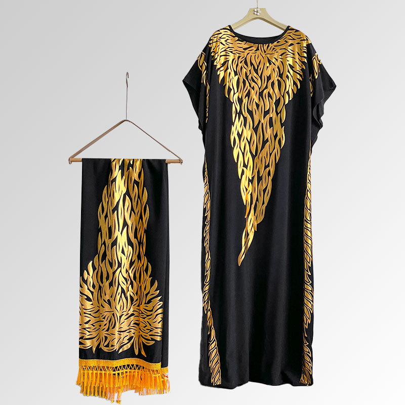 Μουσουλμανικό ρόμπα-φόρεμα με σετ φουλάρι, πολυεστέρας, ύφανση warp, μοτίβο λουλουδιών, αναπνεύσιμο, προστασία από τον ήλιο, μεσαίο μήκος