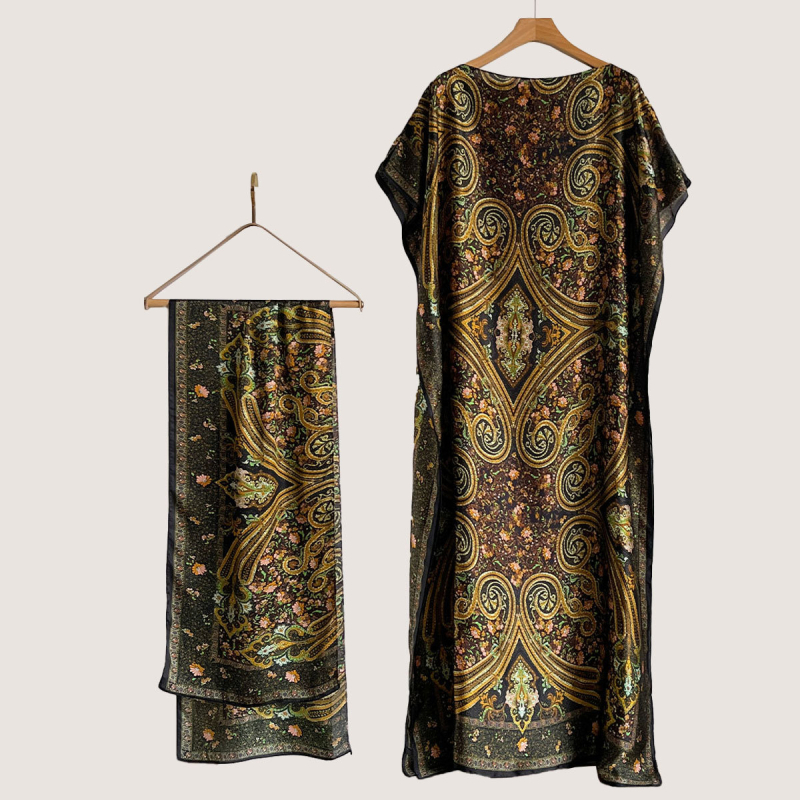 Σετ από Ρόμπα από Ψεύτικο Μετάξι και Μακρύ Φόρεμα με Μπλούζα Προστασίας από τον Ήλιο και Σάλι Μπρόκατ (Ψεύτικο Μετάξι, Warp Knitting, Λογοτεχνικό Ρετρό, Καλοκαίρι 2025, Zhejiang)