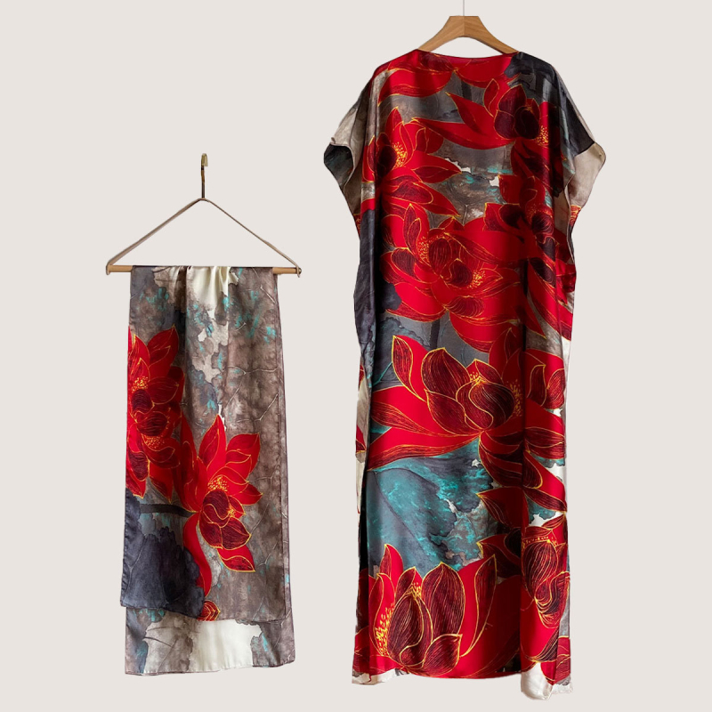 Σετ από Ρόμπα από Ψεύτικο Μετάξι και Μακρύ Φόρεμα με Μπλούζα Προστασίας από τον Ήλιο και Σάλι Μπρόκατ (Ψεύτικο Μετάξι, Warp Knitting, Λογοτεχνικό Ρετρό, Καλοκαίρι 2025, Zhejiang)