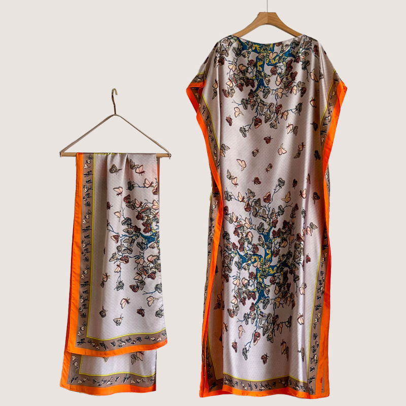 Σετ από Ρόμπα από Ψεύτικο Μετάξι και Μακρύ Φόρεμα με Μπλούζα Προστασίας από τον Ήλιο και Σάλι Μπρόκατ (Ψεύτικο Μετάξι, Warp Knitting, Λογοτεχνικό Ρετρό, Καλοκαίρι 2025, Zhejiang)