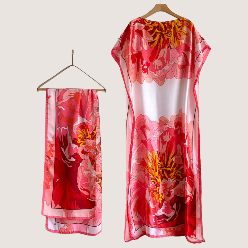 Σετ από Ρόμπα από Ψεύτικο Μετάξι και Μακρύ Φόρεμα με Μπλούζα Προστασίας από τον Ήλιο και Σάλι Μπρόκατ (Ψεύτικο Μετάξι, Warp Knitting, Λογοτεχνικό Ρετρό, Καλοκαίρι 2025, Zhejiang)