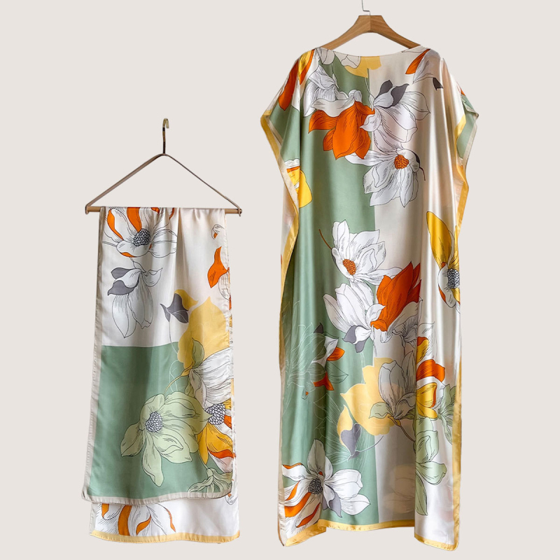 Σετ από Ρόμπα από Ψεύτικο Μετάξι και Μακρύ Φόρεμα με Μπλούζα Προστασίας από τον Ήλιο και Σάλι Μπρόκατ (Ψεύτικο Μετάξι, Warp Knitting, Λογοτεχνικό Ρετρό, Καλοκαίρι 2025, Zhejiang)