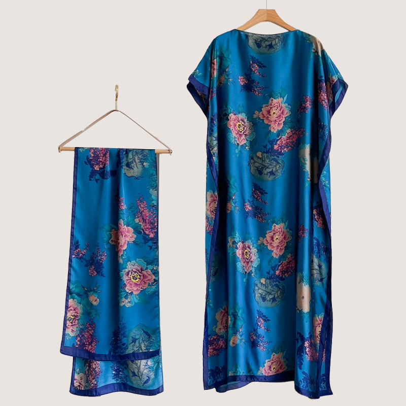 Σετ από Ρόμπα από Ψεύτικο Μετάξι και Μακρύ Φόρεμα με Μπλούζα Προστασίας από τον Ήλιο και Σάλι Μπρόκατ (Ψεύτικο Μετάξι, Warp Knitting, Λογοτεχνικό Ρετρό, Καλοκαίρι 2025, Zhejiang)