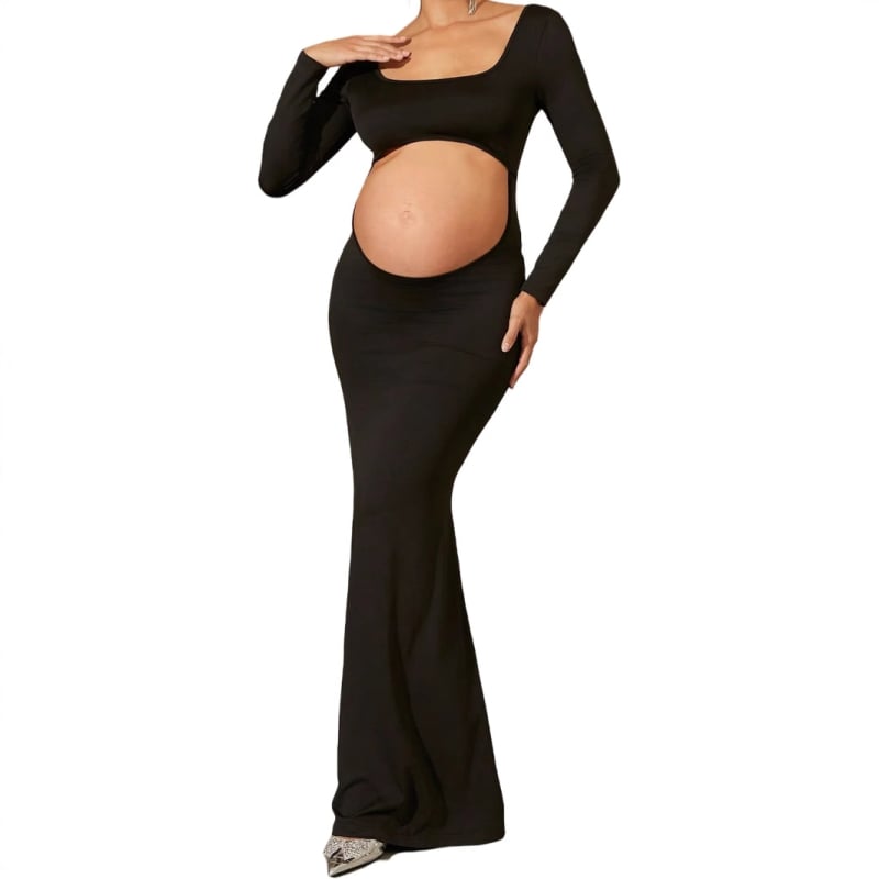 Рокля с квадратно деколте, дълги ръкави, пола с рибена опашка, полиестер (90-95%) с спандекс (<=30%)