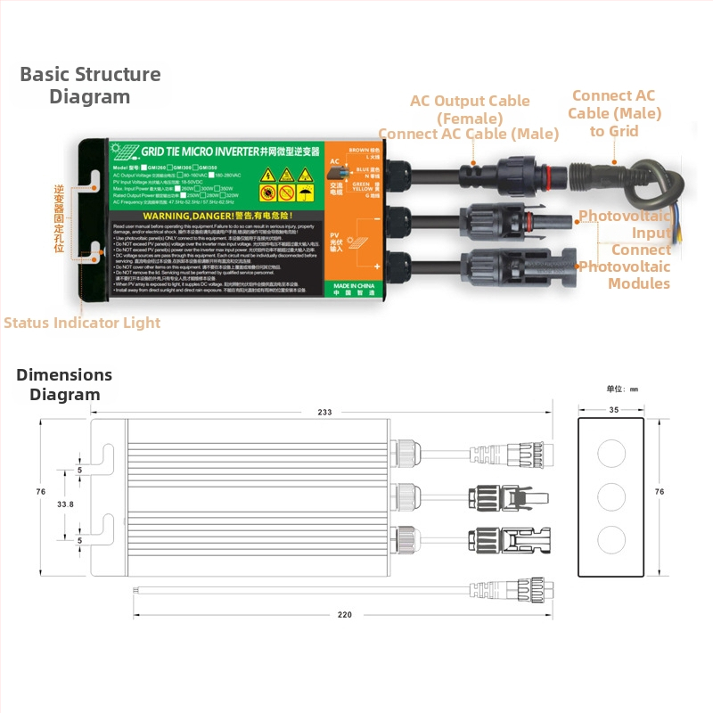 PV микроинвертор за мрежово свързване, вход 22-50V, изход 110/220V, мощност до 320W, ефективност 92,5%, размери 35x76x233 мм
