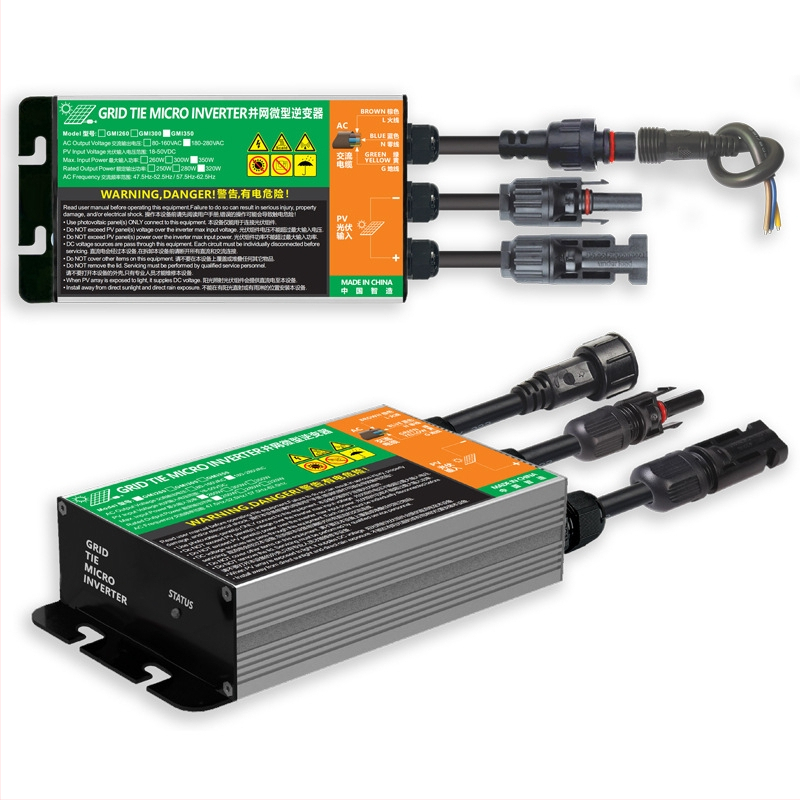 PV микроинвертор за мрежово свързване, вход 22-50V, изход 110/220V, мощност до 320W, ефективност 92,5%, размери 35x76x233 мм