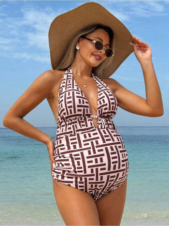 Μαγιό εγκυμοσύνης ολόσωμο με θηλυκό σχέδιο εκτύπωσης, V-λαιμό, ανοιχτή πλάτη, τιράντες, επένδυση στήθους, υψηλή ελαστικότητα, πολυεστέρας με επένδυση σπαντέξ