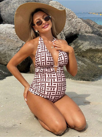 Μαγιό εγκυμοσύνης ολόσωμο με θηλυκό σχέδιο εκτύπωσης, V-λαιμό, ανοιχτή πλάτη, τιράντες, επένδυση στήθους, υψηλή ελαστικότητα, πολυεστέρας με επένδυση σπαντέξ