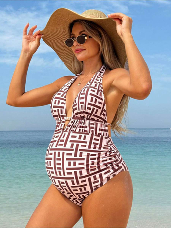 Μαγιό εγκυμοσύνης ολόσωμο με θηλυκό σχέδιο εκτύπωσης, V-λαιμό, ανοιχτή πλάτη, τιράντες, επένδυση στήθους, υψηλή ελαστικότητα, πολυεστέρας με επένδυση σπαντέξ