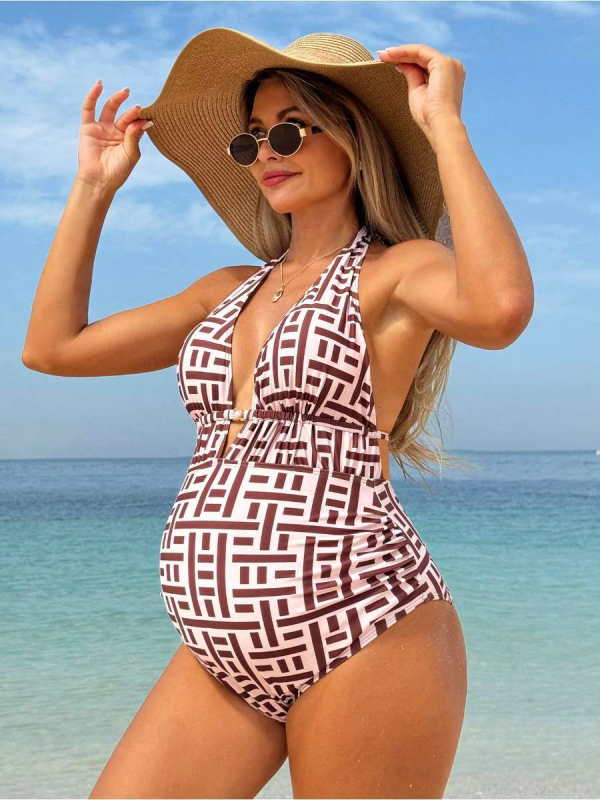 Μαγιό εγκυμοσύνης ολόσωμο με θηλυκό σχέδιο εκτύπωσης, V-λαιμό, ανοιχτή πλάτη, τιράντες, επένδυση στήθους, υψηλή ελαστικότητα, πολυεστέρας με επένδυση σπαντέξ