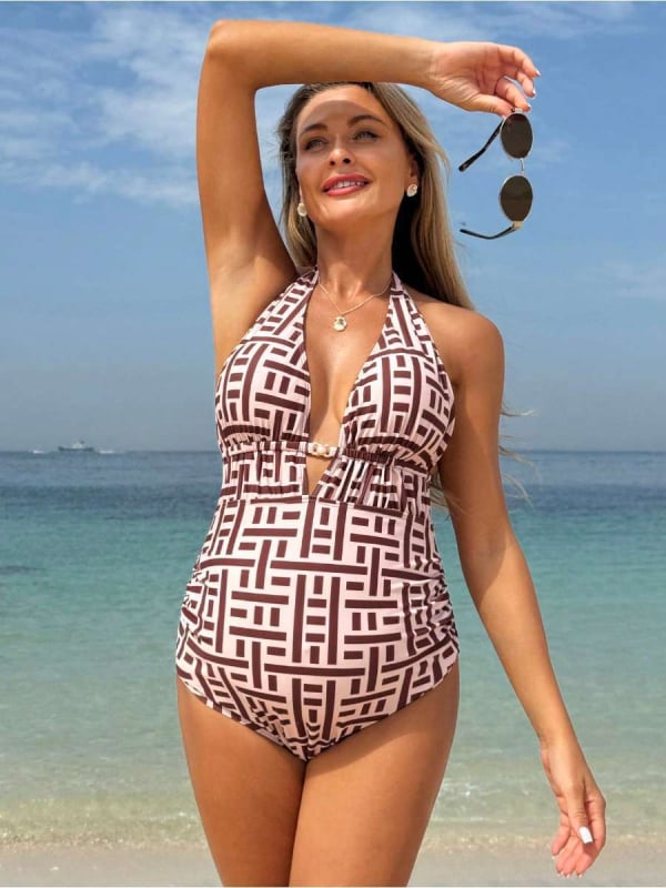 Μαγιό εγκυμοσύνης ολόσωμο με θηλυκό σχέδιο εκτύπωσης, V-λαιμό, ανοιχτή πλάτη, τιράντες, επένδυση στήθους, υψηλή ελαστικότητα, πολυεστέρας με επένδυση σπαντέξ