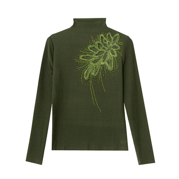 Πλεκτό πουλόβερ με φλοράλ μοτίβο και στρας, βαμβακερή πλέξη, στενή γραμμή, μισουψηλός γιακά, μακριά μανίκια