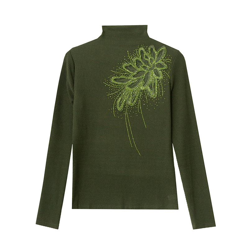 Πλεκτό πουλόβερ με φλοράλ μοτίβο και στρας, βαμβακερή πλέξη, στενή γραμμή, μισουψηλός γιακά, μακριά μανίκια