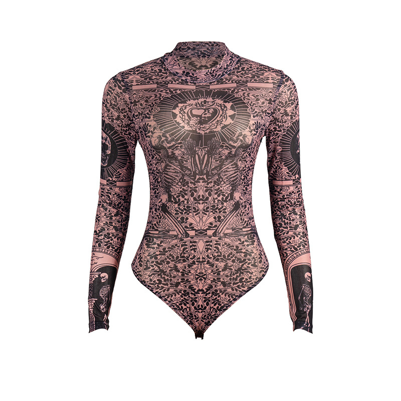 Ολόσωμη φόρμα από διχτυωτό ύφασμα με στρογγυλό λαιμό και μακριά μανίκια, εκτύπωση, υψηλή μέση