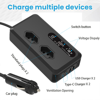 Μετατροπέας ισχύος αυτοκινήτου 12V σε 220V/110V, 200W, με διπλές θύρες C και U, 98% απόδοση