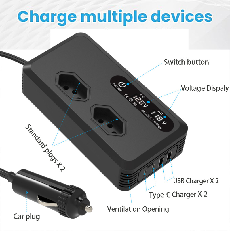 Μετατροπέας ισχύος αυτοκινήτου 12V σε 220V/110V, 200W, με διπλές θύρες C και U, 98% απόδοση