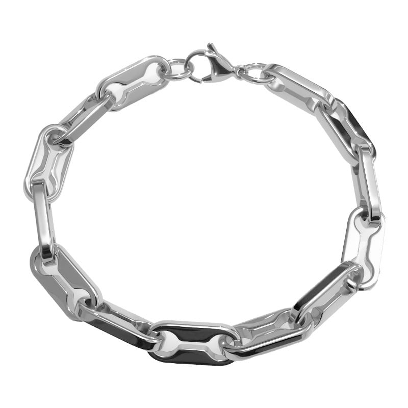 Ανδρικό βραχιόλι από τιτάνιο ατσάλι, γυαλισμένη επιφάνεια, ασυνήθιστο σχήμα, διάθεση άνοιξη 2025.