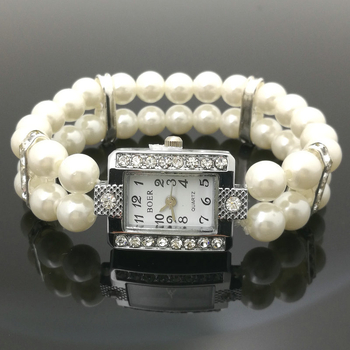 Βραχιόλι-ρολόι με ψεύτικες μαργαριταρες, ελαστικό κορδόνι, διαμαντίνες, μοτίβο καρδιάς — γυναικείο κορεαϊκό στυλ, γεωμετρικός σχεδιασμός, μηχανισμός quartz