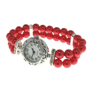 Βραχιόλι-ρολόι με ψεύτικες μαργαριταρες, ελαστικό κορδόνι, διαμαντίνες, μοτίβο καρδιάς — γυναικείο κορεαϊκό στυλ, γεωμετρικός σχεδιασμός, μηχανισμός quartz