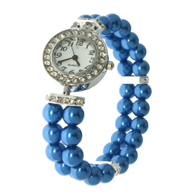 Βραχιόλι-ρολόι με ψεύτικες μαργαριταρες, ελαστικό κορδόνι, διαμαντίνες, μοτίβο καρδιάς — γυναικείο κορεαϊκό στυλ, γεωμετρικός σχεδιασμός, μηχανισμός quartz