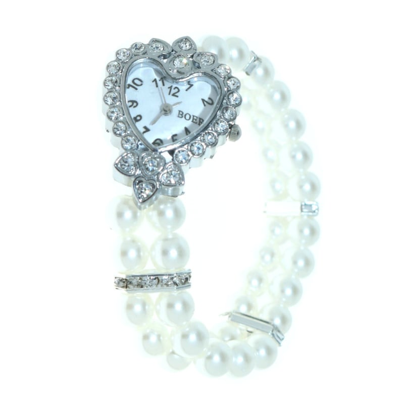 Βραχιόλι-ρολόι με ψεύτικες μαργαριταρες, ελαστικό κορδόνι, διαμαντίνες, μοτίβο καρδιάς — γυναικείο κορεαϊκό στυλ, γεωμετρικός σχεδιασμός, μηχανισμός quartz