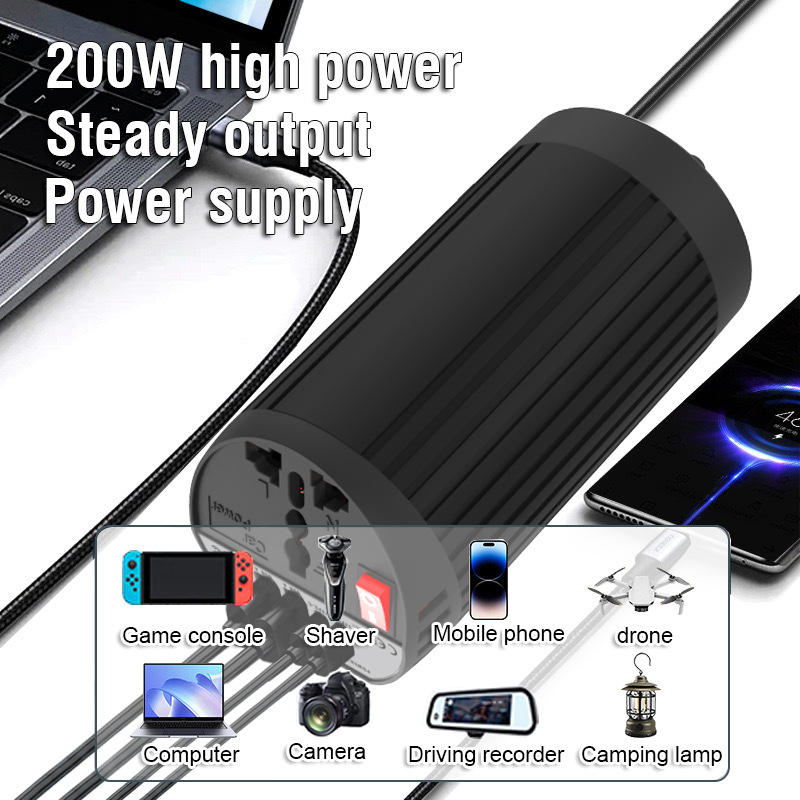 Автомобилен инвертор 200W, 12V вход, 220V/110V изход, USB-C бързо зареждане, ефективност над 90%
