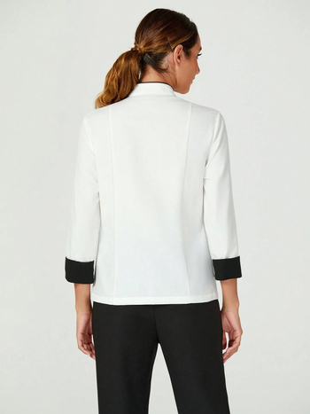 Top cu mâneci 3/4, buzunare multiple, uniformă de bucătar cu guler înalt, poliester