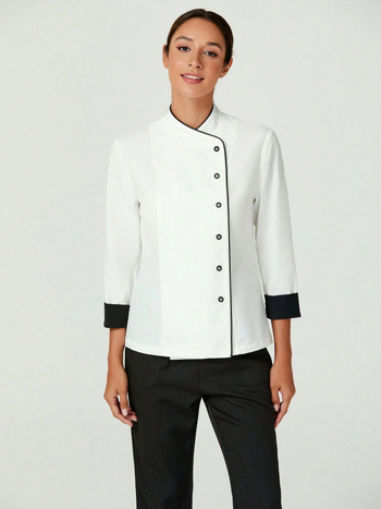 Top cu mâneci 3/4, buzunare multiple, uniformă de bucătar cu guler înalt, poliester