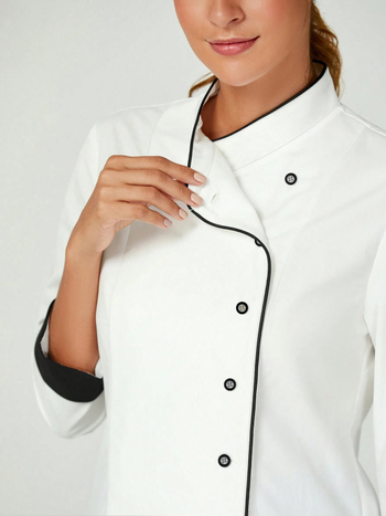 Top cu mâneci 3/4, buzunare multiple, uniformă de bucătar cu guler înalt, poliester