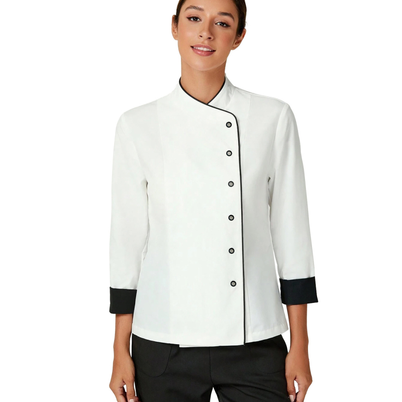 Top cu mâneci 3/4, buzunare multiple, uniformă de bucătar cu guler înalt, poliester