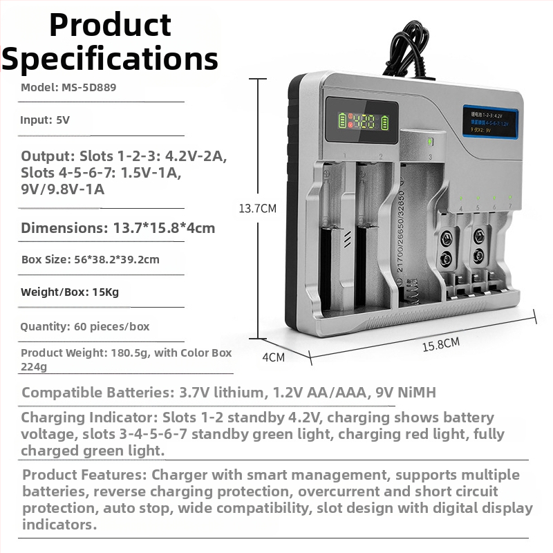 USB зарядно за батерии Li-ion и NiMH, двойна изходна мощност 4.2V/1A и 1.2V/1A, вход 5V, CE/ROHS