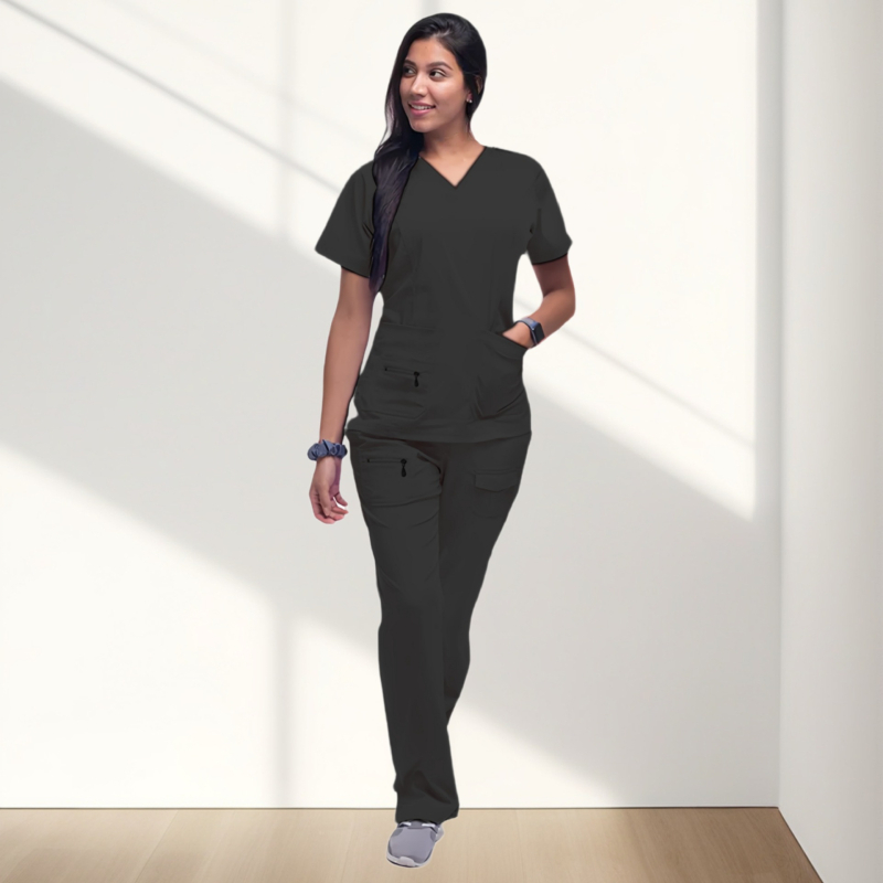 Γυναικείο ιατρικό scrub τοπ με ύφασμα πολυεστέρα-σπαντέξ, απομάκρυνση υγρασίας, V-λαιμό, κοντά μανίκια