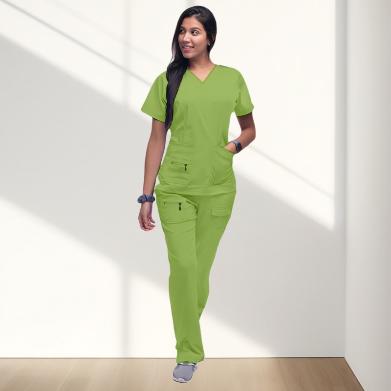 Γυναικείο ιατρικό scrub τοπ με ύφασμα πολυεστέρα-σπαντέξ, απομάκρυνση υγρασίας, V-λαιμό, κοντά μανίκια