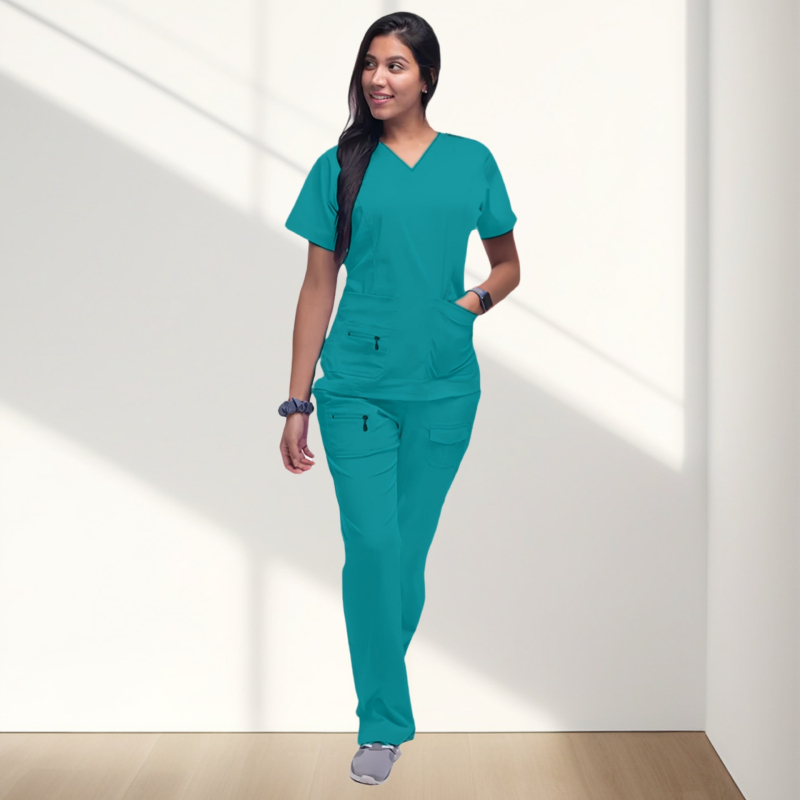 Γυναικείο ιατρικό scrub τοπ με ύφασμα πολυεστέρα-σπαντέξ, απομάκρυνση υγρασίας, V-λαιμό, κοντά μανίκια
