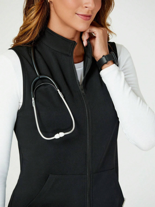 Γιλέκο με φερμουάρ και πολλές τσέπες για ένδυση εργασίας σε κέντρα ομορφιάς και καταστήματα ζώων, χωρίς μανίκια, στάσιμος γιακά, πολυεστέρας με σπάντεξ, απομάκρυνση υγρασίας, κανονικό μήκος