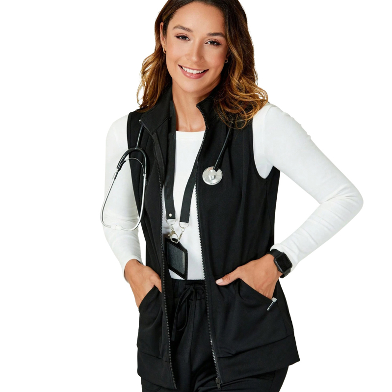 Γιλέκο με φερμουάρ και πολλές τσέπες για ένδυση εργασίας σε κέντρα ομορφιάς και καταστήματα ζώων, χωρίς μανίκια, στάσιμος γιακά, πολυεστέρας με σπάντεξ, απομάκρυνση υγρασίας, κανονικό μήκος