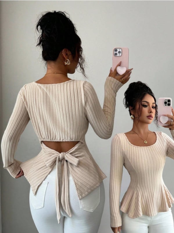 Πλεκτό τοπ με φιόγκο στην πλάτη και ανοιχτή πλάτη, μακριά μανίκια, χαμηλό στρογγυλό λαιμό, στενή γραμμή