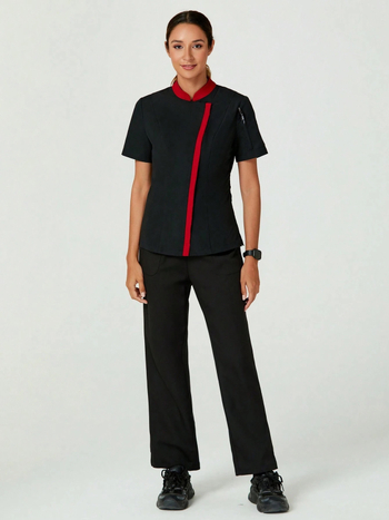 Σετ δύο τεμαχίων ποδιά σεφ για καταστήματα κατοικίδιων και σαλόνια ομορφιάς, με Stand Collar, patchwork σχέδιο, ύφασμα που απομακρύνει την υγρασία, πολυεστέρας-σπαντέξ, κοντά μανίκια, μακριά παντελόνια