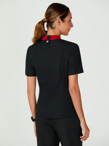 Σετ δύο τεμαχίων ποδιά σεφ για καταστήματα κατοικίδιων και σαλόνια ομορφιάς, με Stand Collar, patchwork σχέδιο, ύφασμα που απομακρύνει την υγρασία, πολυεστέρας-σπαντέξ, κοντά μανίκια, μακριά παντελόνια