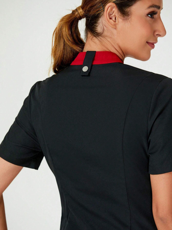 Σετ δύο τεμαχίων ποδιά σεφ για καταστήματα κατοικίδιων και σαλόνια ομορφιάς, με Stand Collar, patchwork σχέδιο, ύφασμα που απομακρύνει την υγρασία, πολυεστέρας-σπαντέξ, κοντά μανίκια, μακριά παντελόνια